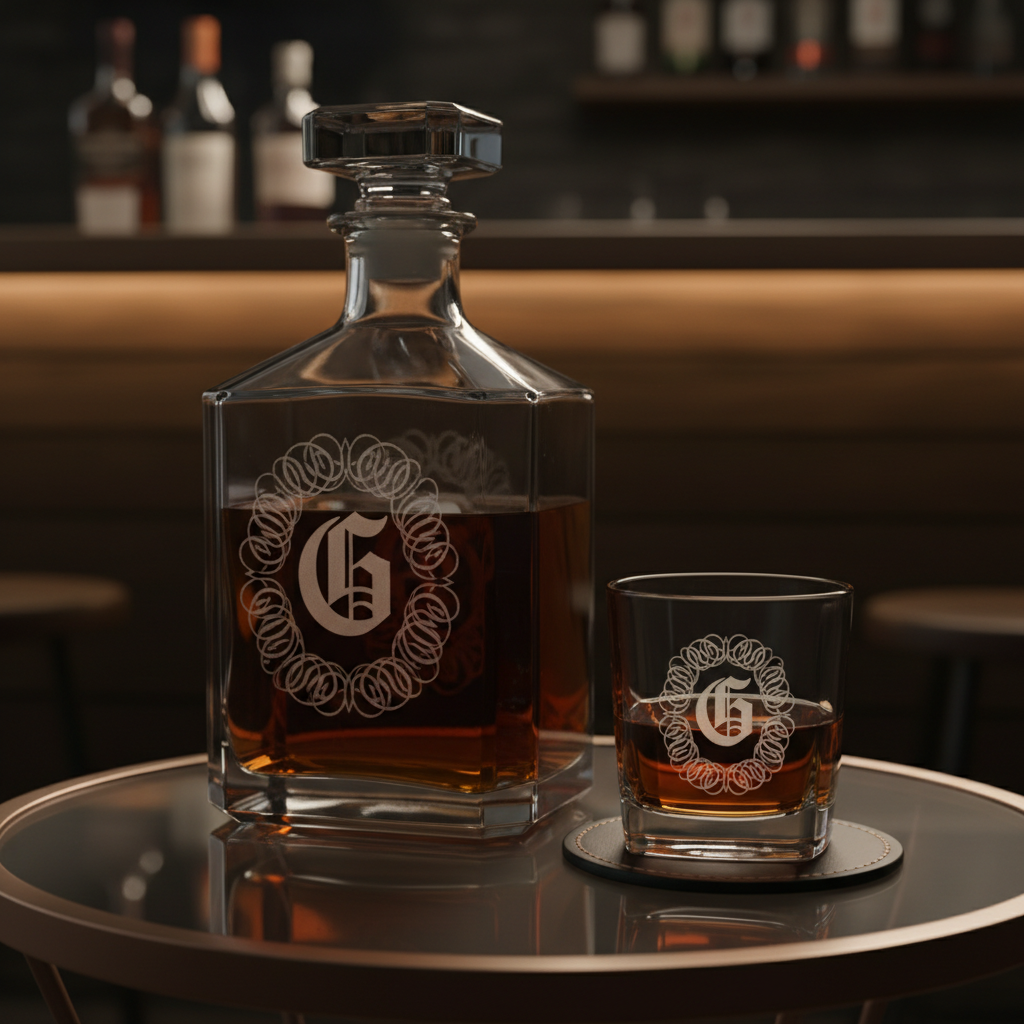 A close, detailed shot of a dark glass spirits decanter resting on a smoked glass side table, its front panel featuring a bold, custom-engraved emblem surrounded by fine calligraphic lines. The decanter is half-filled with amber liquid that catches the light, and beside it lies a matching engraved tumbler on a black leather coaster with subtle stitching. Low, moody bar lighting with a warm spotlight from the side creates dramatic contrast, crisp reflections, and a rich play of highlights on the glass edges. Captured at a low three-quarter angle with a shallow depth of field, the composition feels masculine, luxurious, and meticulously crafted, perfect for showcasing elevated personalization for premium barware.