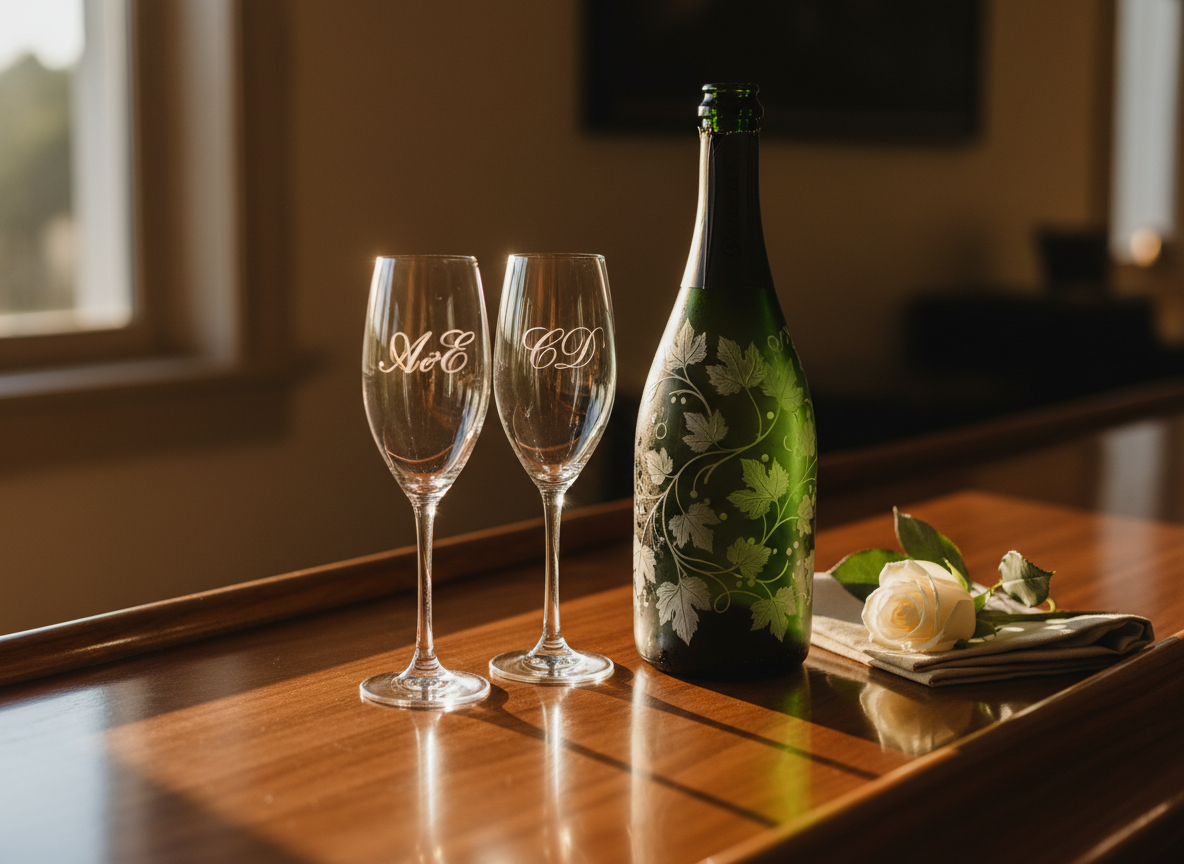 A refined scene of a personalized champagne bottle and pair of crystal flutes positioned on a glossy walnut bar, each flute engraved with delicate, looping calligraphic initials. The bottle’s dark green glass features an etched design that catches the light, while a pale linen napkin and a single white rosebud rest nearby as understated accents. Soft golden hour sunlight filters through an unseen window, casting a warm glow and elongated shadows across the wood grain. Captured at eye level with a slight angle, the focus is sharp on the engraved glass, with the background gently blurred. The atmosphere is celebratory yet composed, evoking bespoke luxury and elegant live event experiences.
