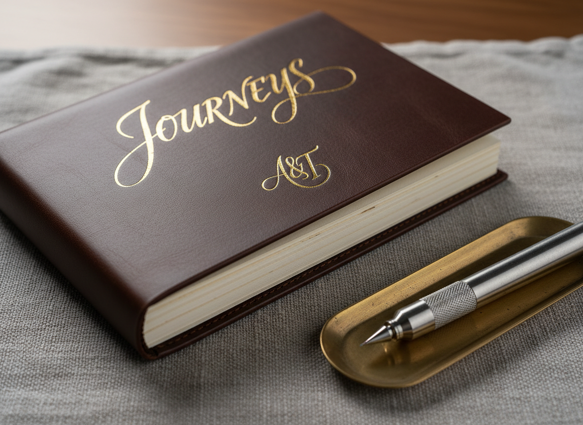 An intricate close-up of a luxury leather notebook in deep espresso brown, its cover hot-foiled with flowing gold calligraphy and an embossed monogram. The notebook lies partially open on a stone-gray linen cloth, revealing creamy, deckled-edge pages. Beside it, a precision engraving tool with a brushed metal body rests on a narrow brass tray, hinting at the meticulous process behind the personalization. Soft, diffused studio lighting from above and slightly behind creates a gentle halo on the leather’s texture and a subtle sheen on the gold foil. Shot from a slightly elevated three-quarter angle with shallow depth of field, the scene feels intimate, tactile, and quietly sophisticated, highlighting the artistry of bespoke personalization.