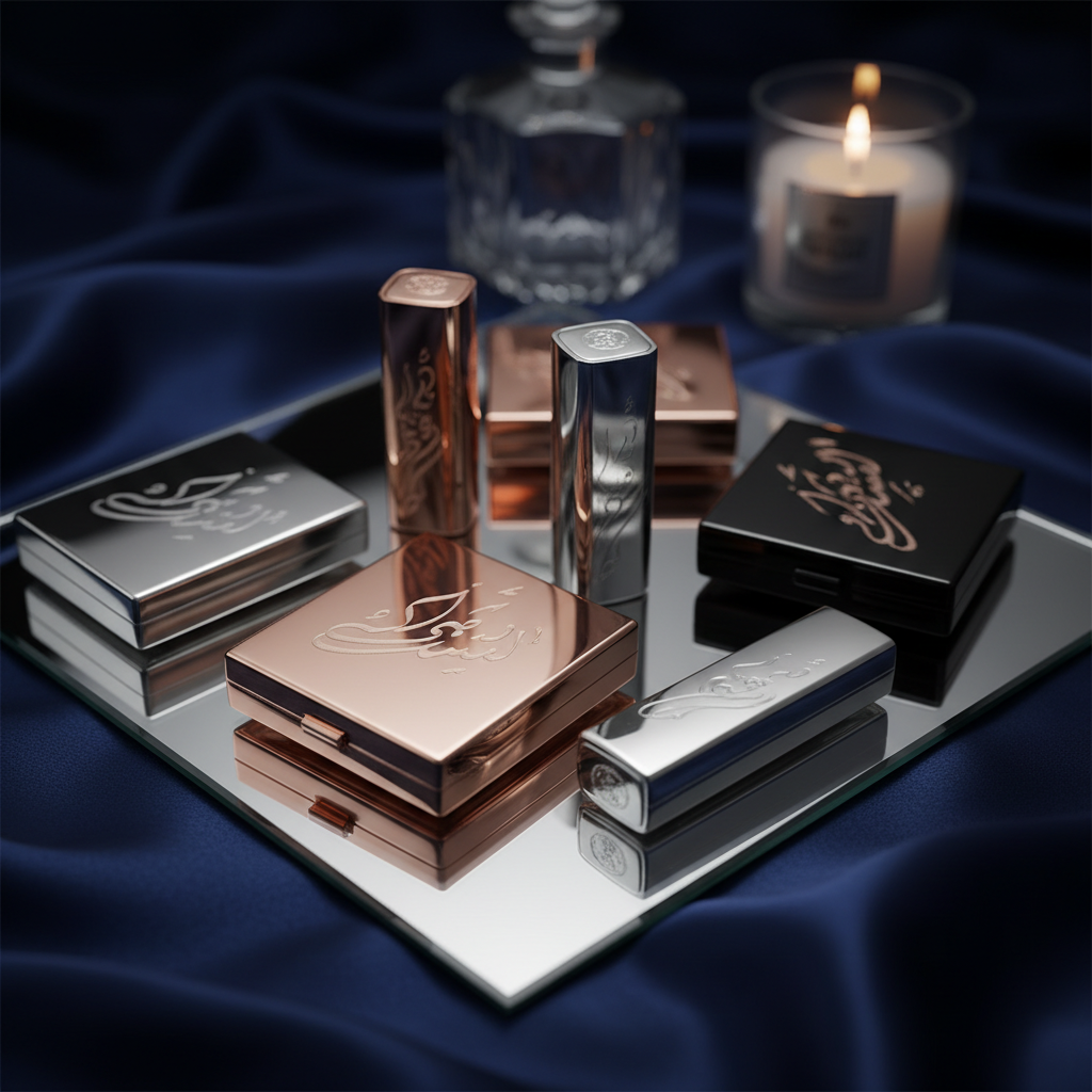 A dramatic, cinematic photograph of a mirrored display tray holding several luxury cosmetic compacts and lipstick cases, each featuring intricate engraved calligraphy on polished metal surfaces in rose gold, platinum, and black lacquer. The tray rests on a silky, deep navy fabric that forms elegant folds and shadows. Focus is tight on the foreground compact, where the engraved script catches a cool, focused spotlight, creating sharp reflections and delicate highlights along the edges. In the softly blurred background, hints of crystal decor and a scented candle add to the sense of a refined vanity setting. The mood is glamorous and exclusive, showcasing high-end personalization for beauty products in a sleek, contemporary style.