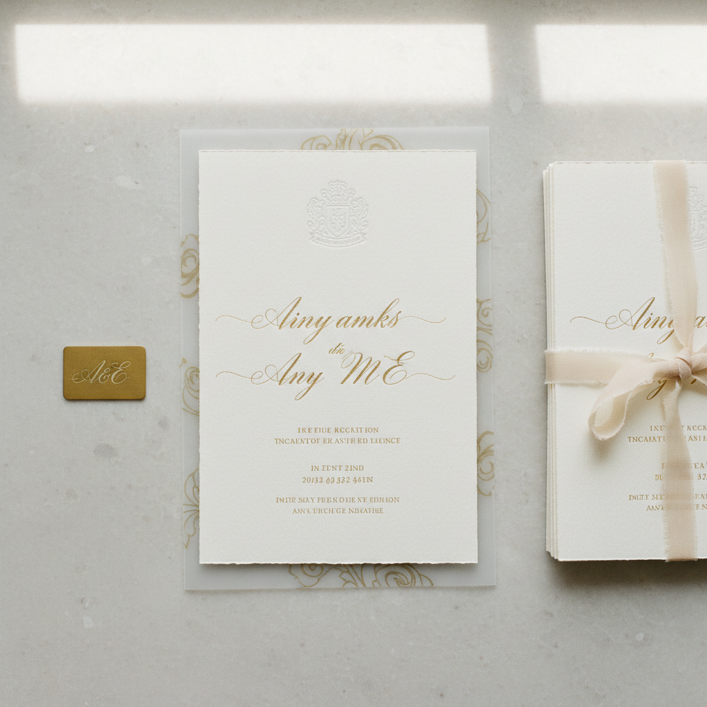 A serene, minimalist tabletop scene featuring a stack of thick, cotton wedding invitations in soft ivory, each adorned with finely lettered calligraphy in metallic ink and a subtle blind-embossed crest. A single invitation lies centered on a pale stone surface, flanked by a translucent vellum overlay with printed flourishes and a tiny engraved metal tag bearing a monogram. Natural, indirect daylight from a nearby window bathes the composition in a gentle glow, with very soft shadows that maintain an airy, refined feel. Photographed from directly above with clean, photographic realism and precise focus, the image communicates understated luxury, attention to detail, and the timeless elegance of bespoke paper goods.