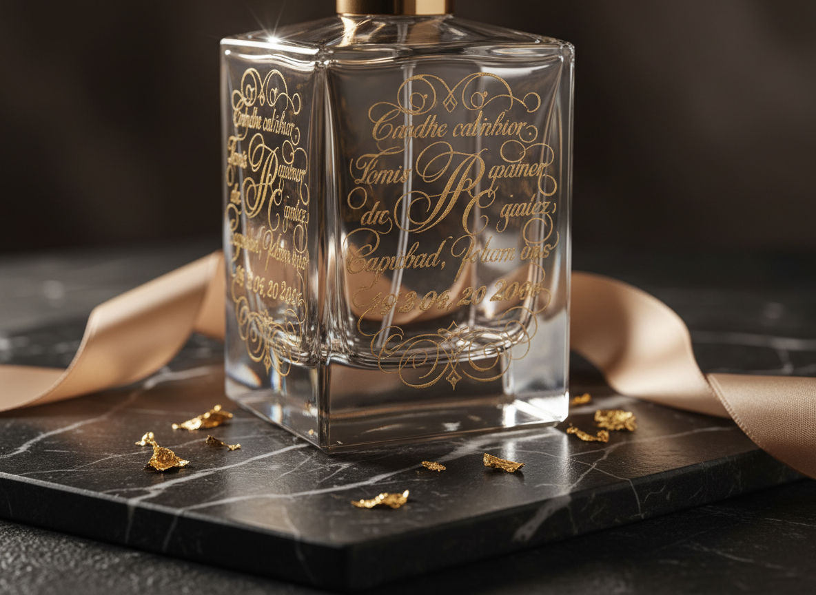 A close-up, macro-style photograph of a high-end fragrance bottle made of faceted clear glass, its surface meticulously engraved with ornate, swirling calligraphy. The bottle sits on a polished black marble slab with subtle white veining, surrounded by scattered gold flakes and a single silk ribbon in champagne tones. Warm, directional studio lighting from the upper left creates shimmering reflections in the glass facets and crisp highlights on the engraved letters, while the background fades into a soft, velvety blur. The mood is luxurious, intimate, and sophisticated, emphasizing the precision of the engraving and the exclusivity of the personalized piece.